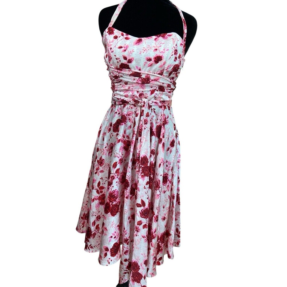 Vtg Betsey Johnson Silk Halter Dress Size 4 Pink‎ Red Floral Y2K Fit & Flare USA - Picture 2 of 16